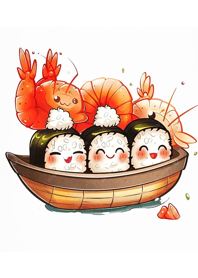 Cute Sushi and Shrimp Boat Illustration