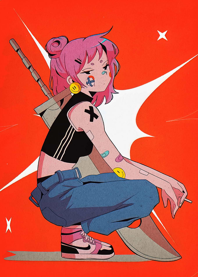 Anime Girl with Sword and Cigarette