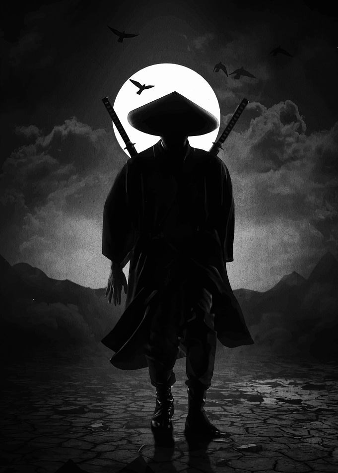 Silhouette of a Samurai in Moonlight