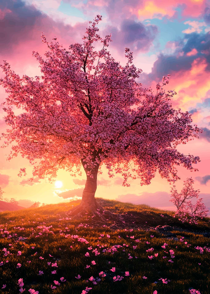 Cherry Blossom Tree at Sunset