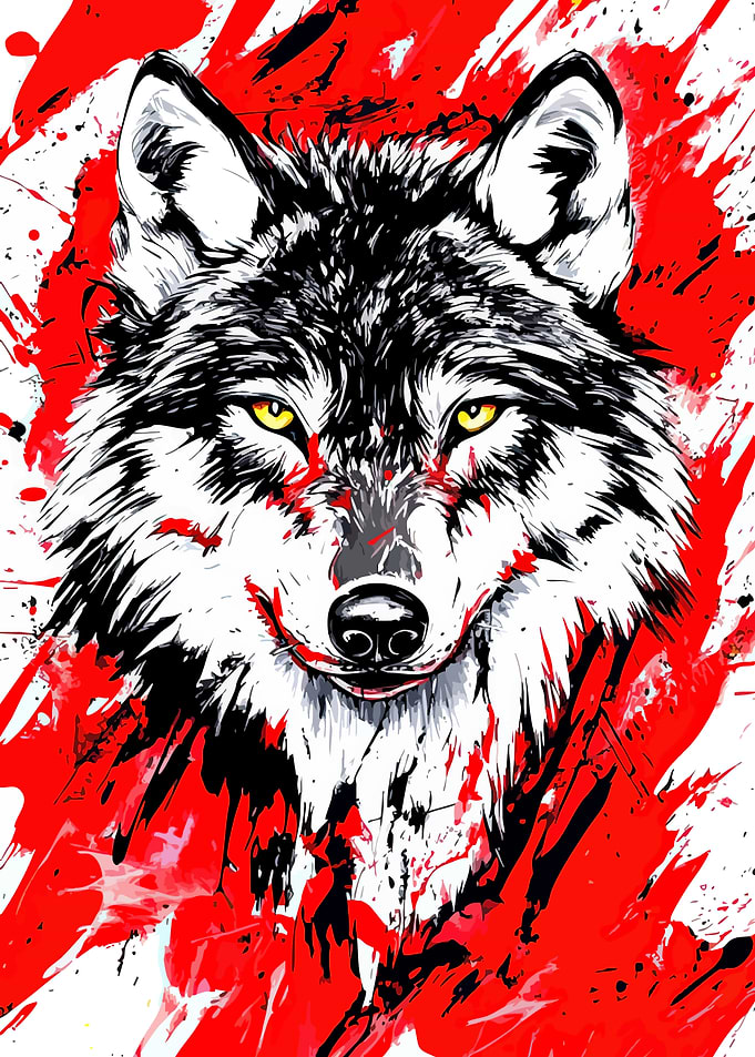 Wolf Portrait with Red Splatter
