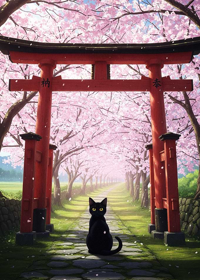 Black Cat Under Cherry Blossom Torii