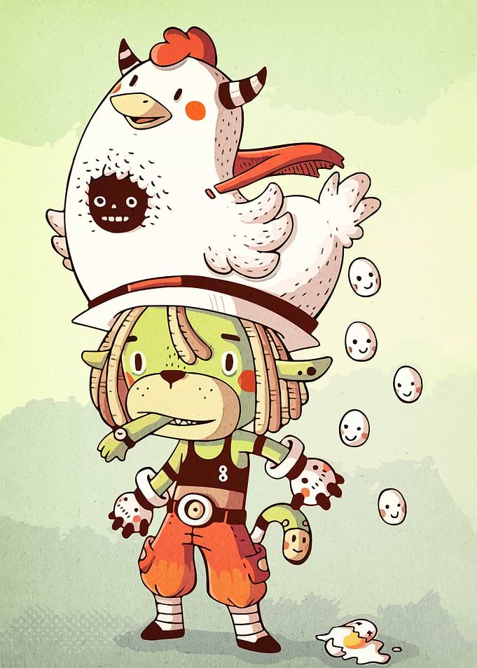 Cartoon Character with Chicken Hat