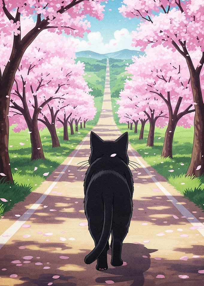 Black Cat Walking Under Cherry Blossoms