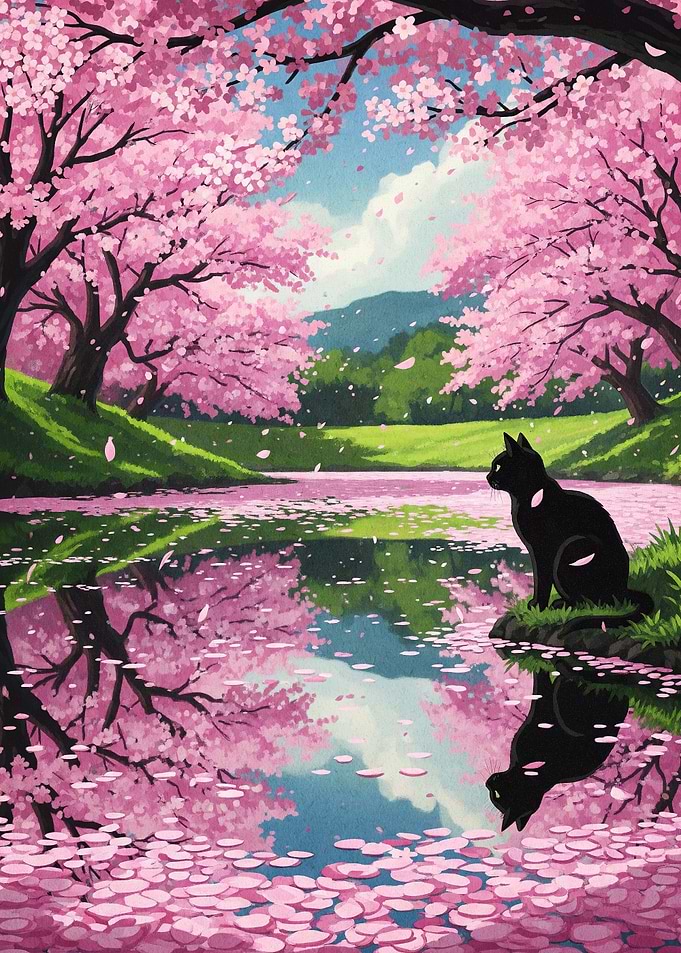 Black cat under cherry blossom trees