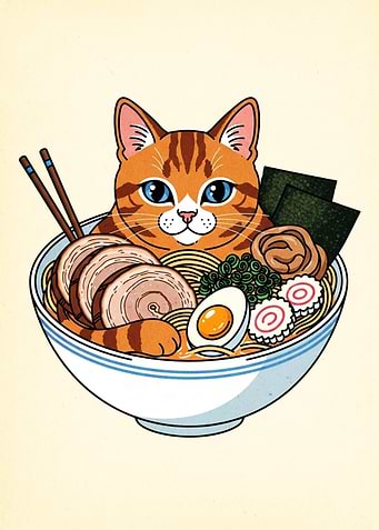 Cat in Ramen Bowl Illustration