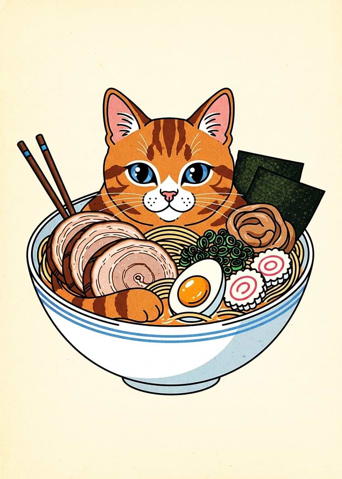 Cat in Ramen Bowl Illustration