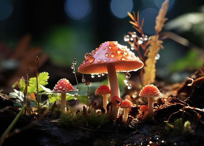 Amanita Mushrooms with Water Droplets
