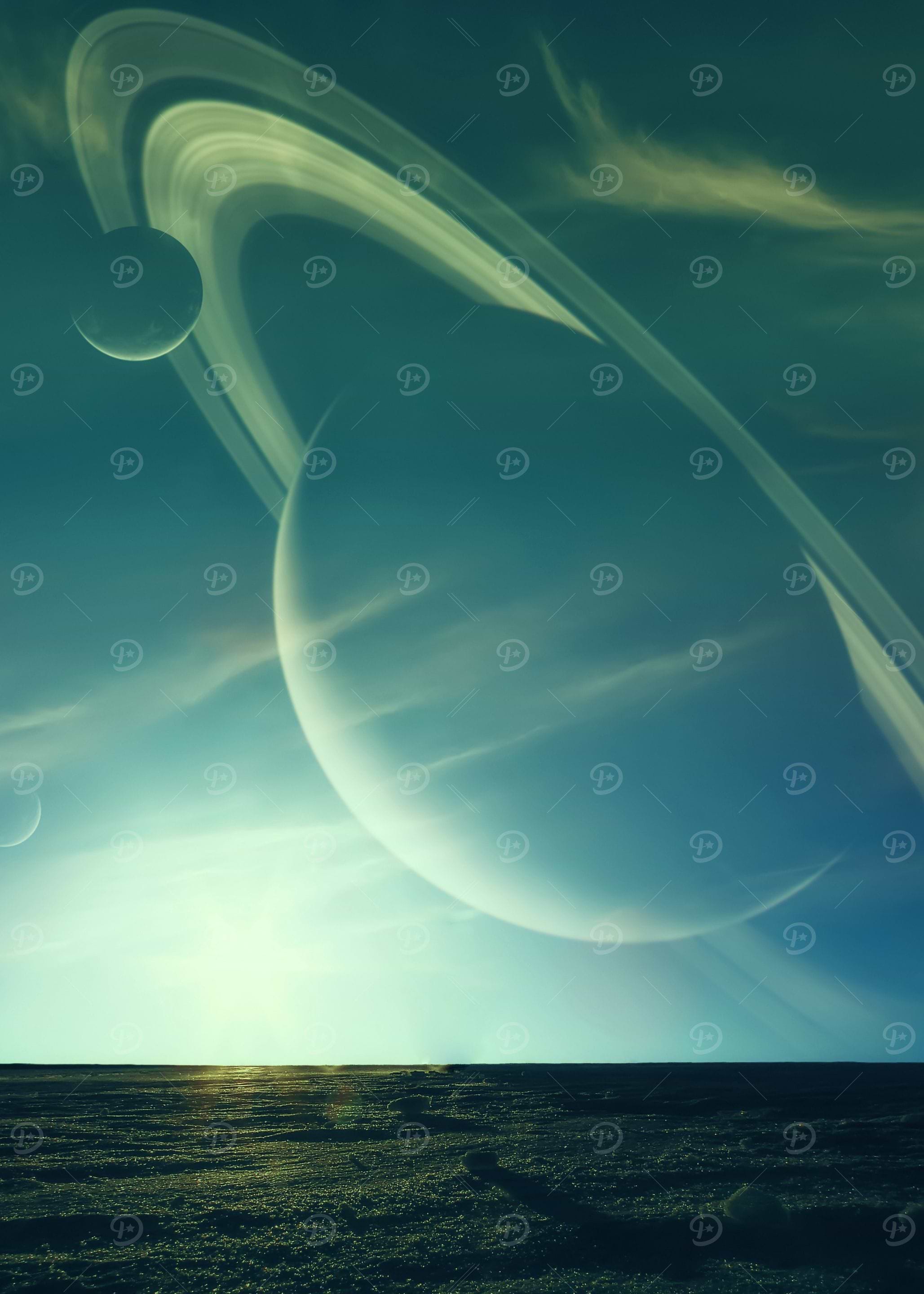 Planetary Landscape with Rings and Moons