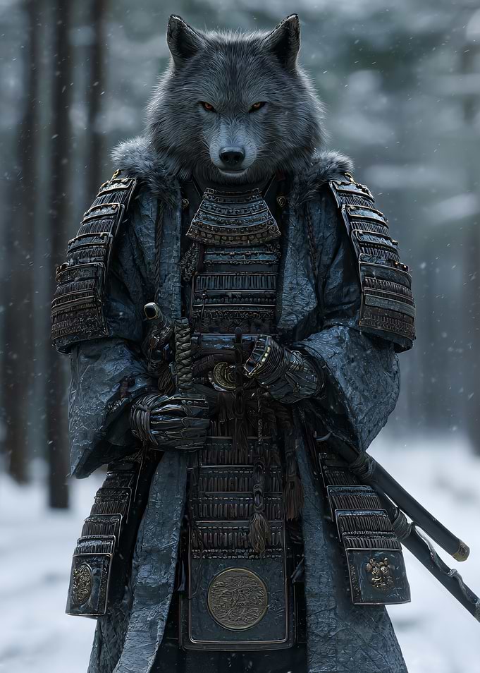 Wolf Samurai in Snowy Forest
