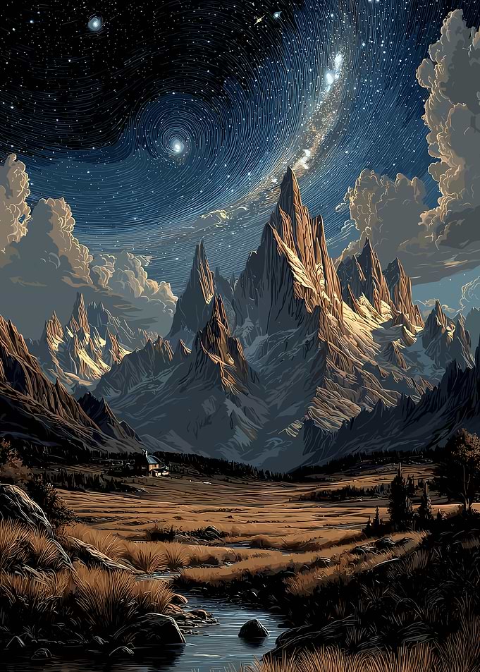 Mountain Landscape Under Starry Night Sky