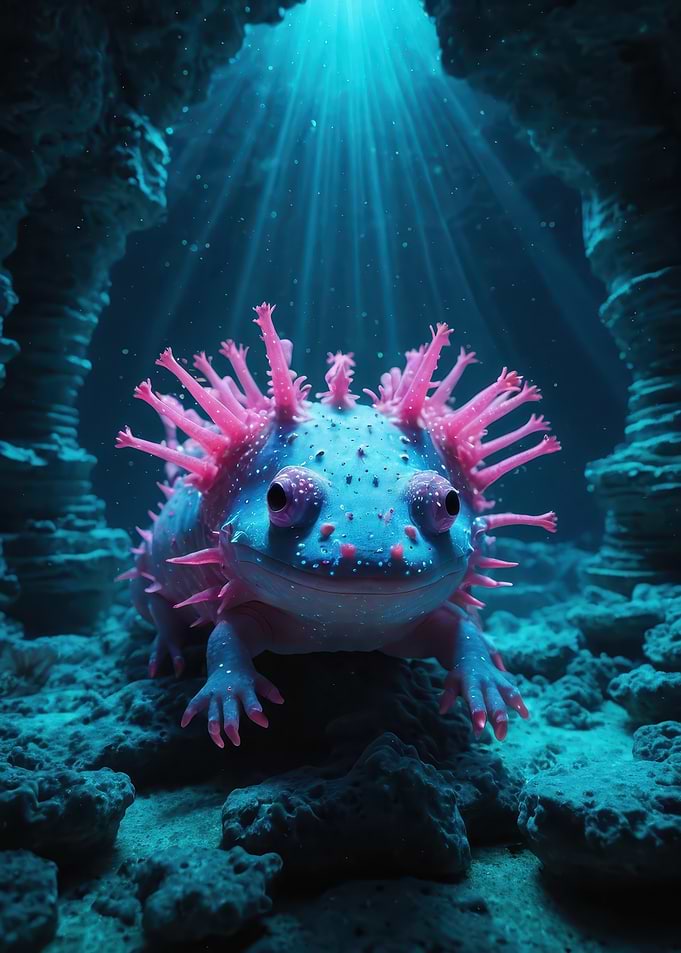 Bioluminescent Axolotl in an Underwater Cave — Neon Cyan & Pink Creature Art