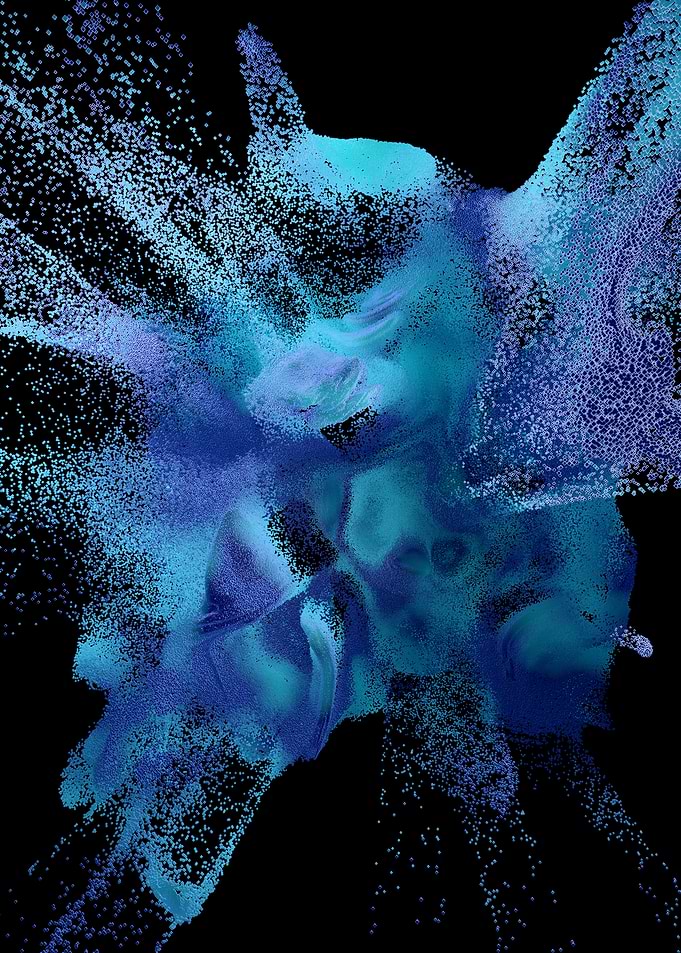 Abstract Blue Particle Cloud on Black