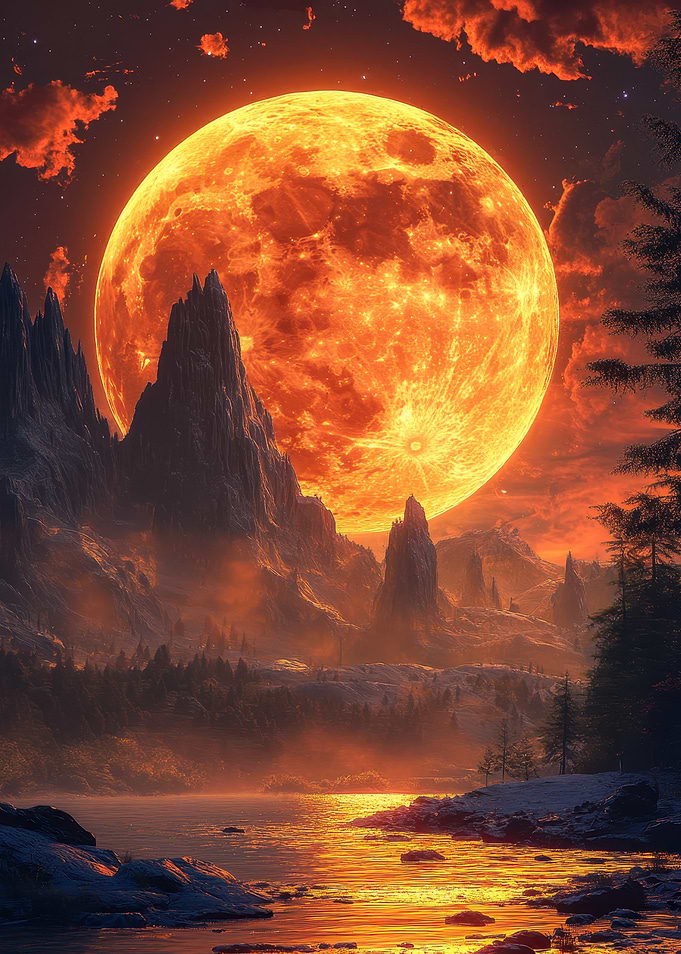 Fiery Moon Over Mountain Landscape