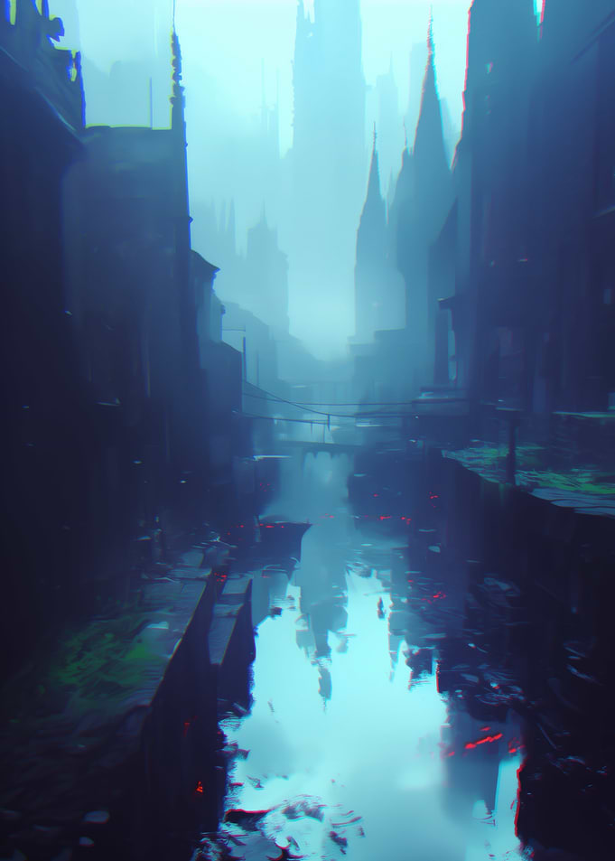 Misty Cityscape with Waterway