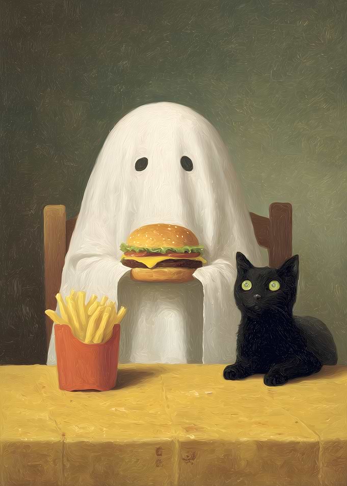Ghost, Cat, Burger, and Fries Painting