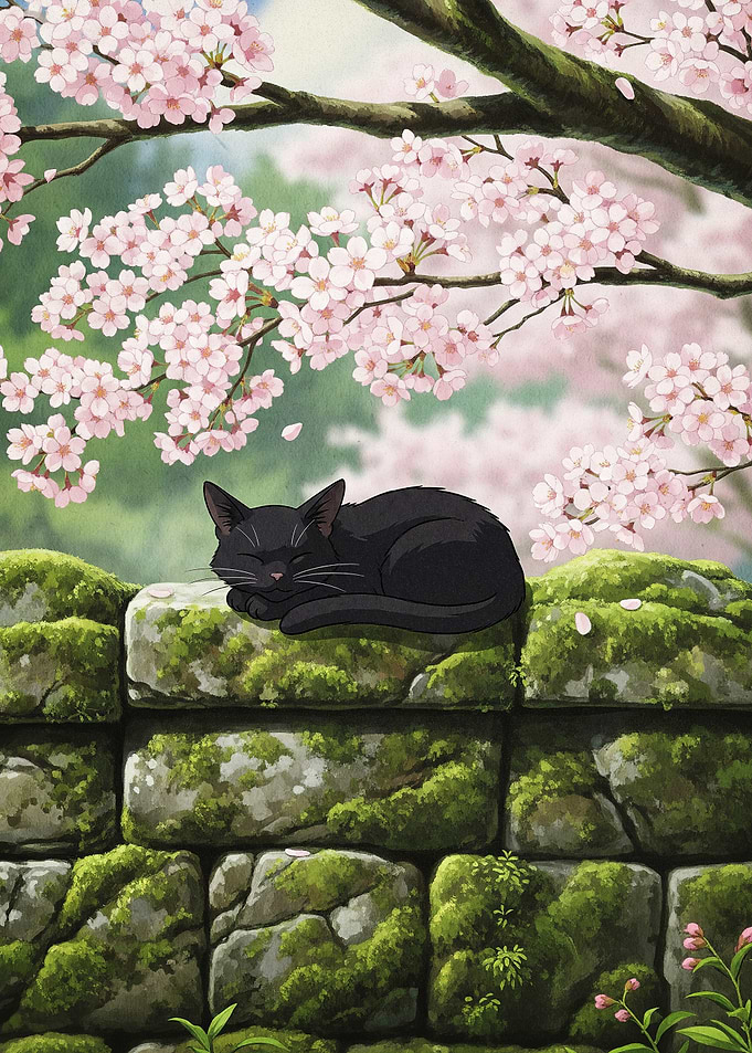 Sleeping Black Cat Under Cherry Blossoms