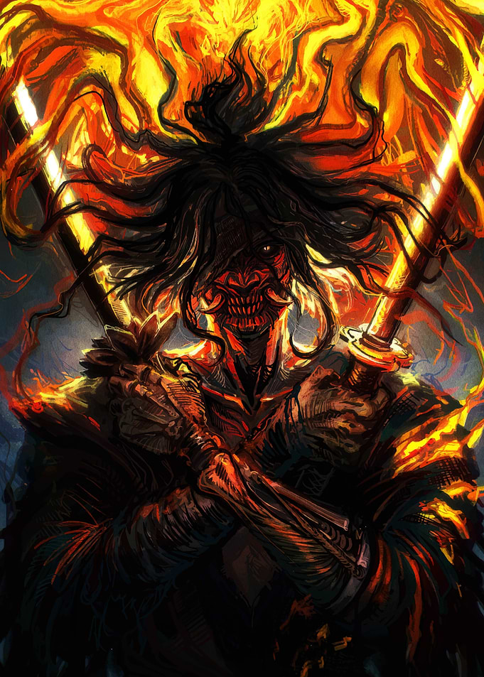Fiery Samurai Warrior with Swords