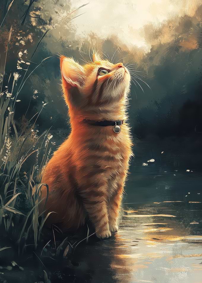 Ginger Cat Gazing Upward by Water