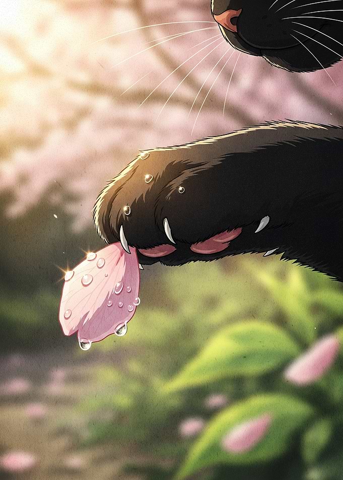 Black Cat with Flower Petal