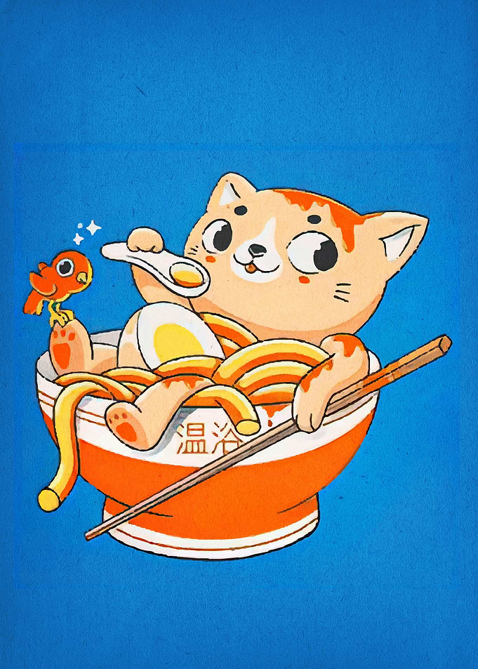 Cat in Ramen Bowl Illustration