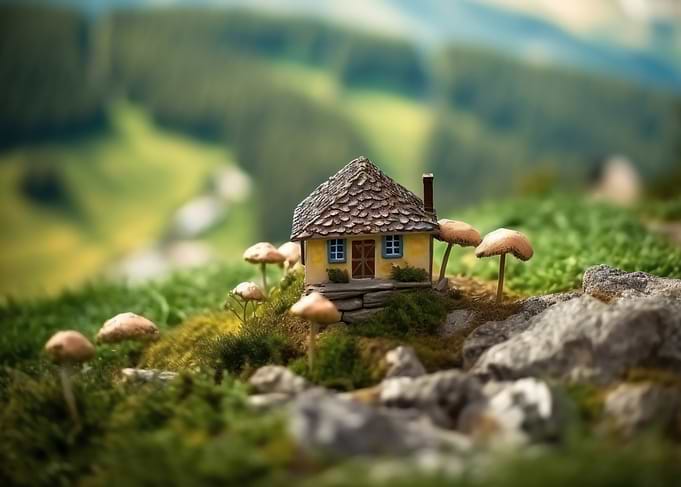 Miniature House with Mushrooms Landscape