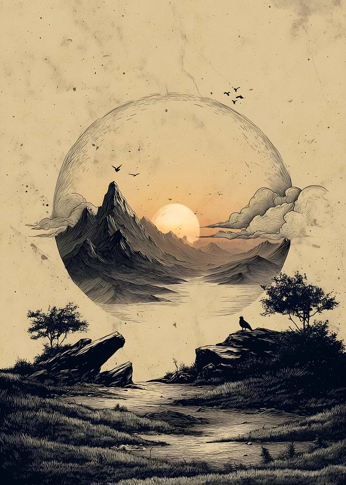 Monochrome Mountain Landscape with Birds