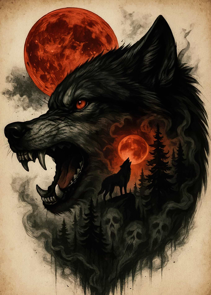 Wolf Howling Blood Moon