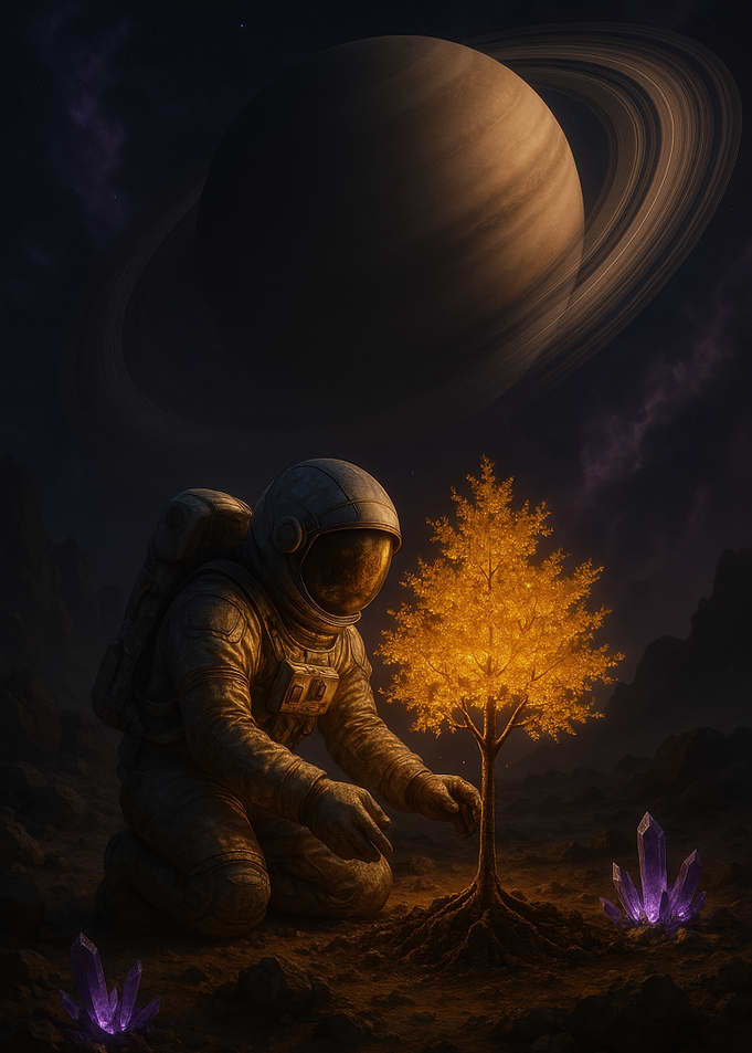 Astronaut and Golden Tree on Exoplanet