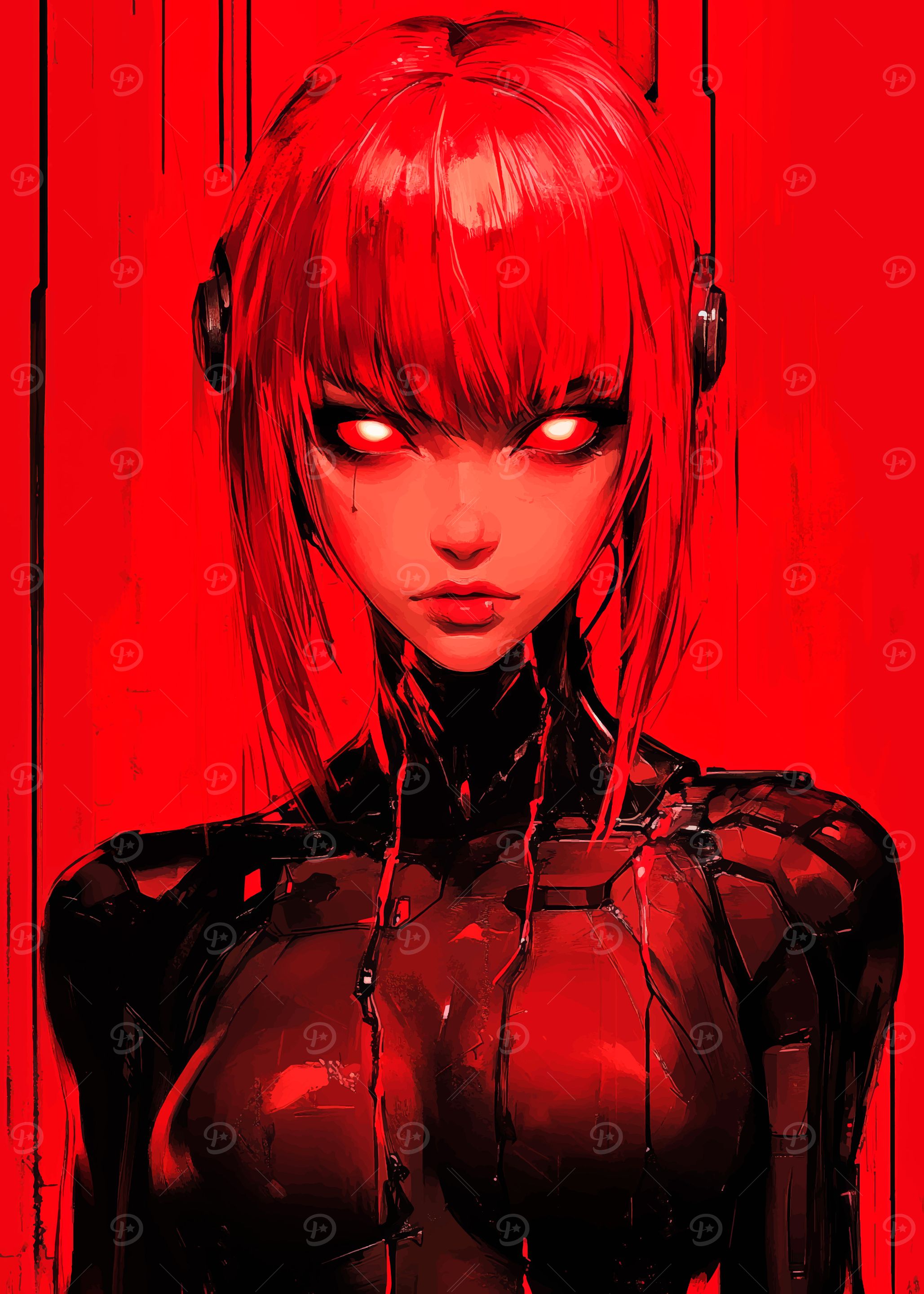 Red Cyberpunk Girl with Glowing Eyes