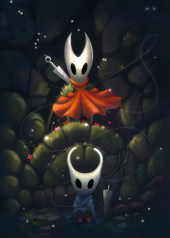 Hollow Knight characters in a dark forest
