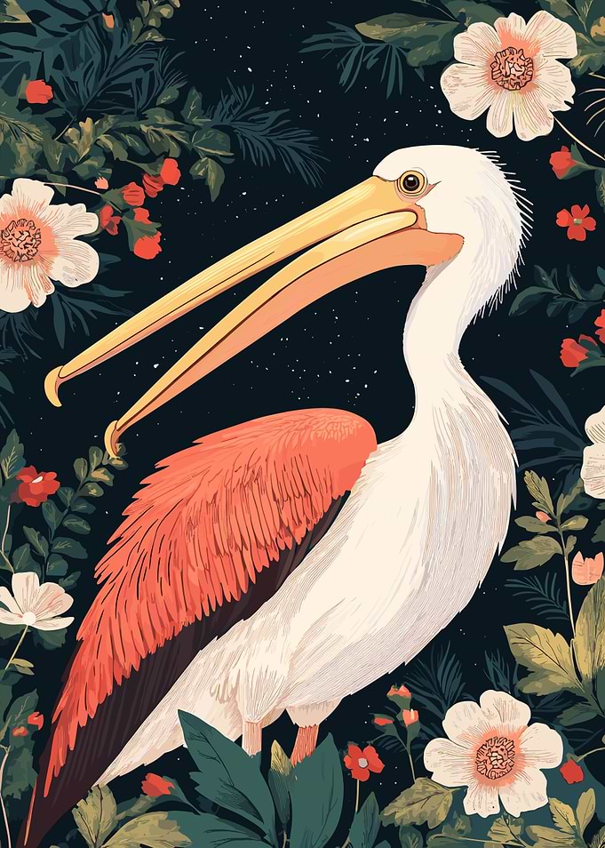 Pelican in Floral Night Garden