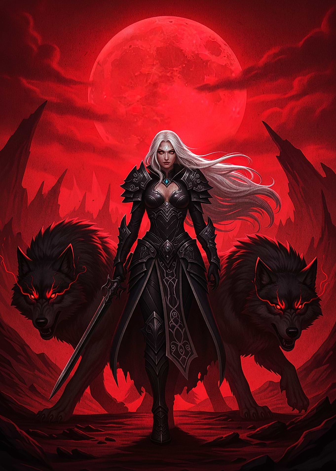 Warrior Woman with Wolves under Red Moon