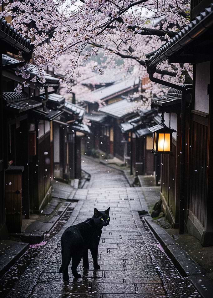 Black Cat in Japanese Cherry Blossom Alley
