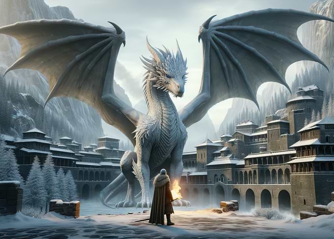 White Dragon and Figure in Snowy Landscape