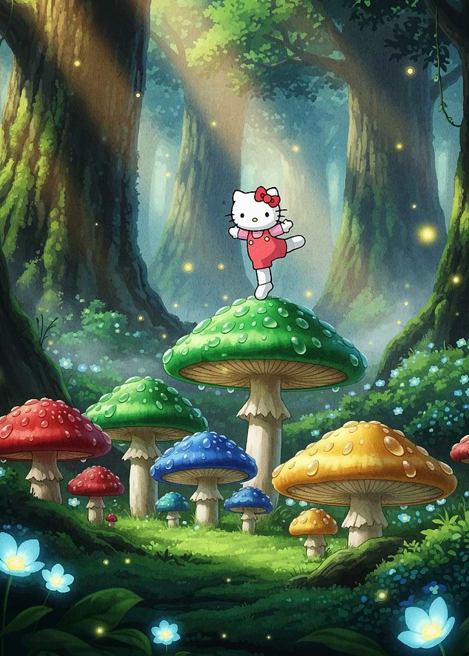 Hello Kitty in Enchanted Mushroom Forest