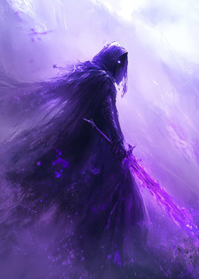 Purple hooded figure with glowing sword