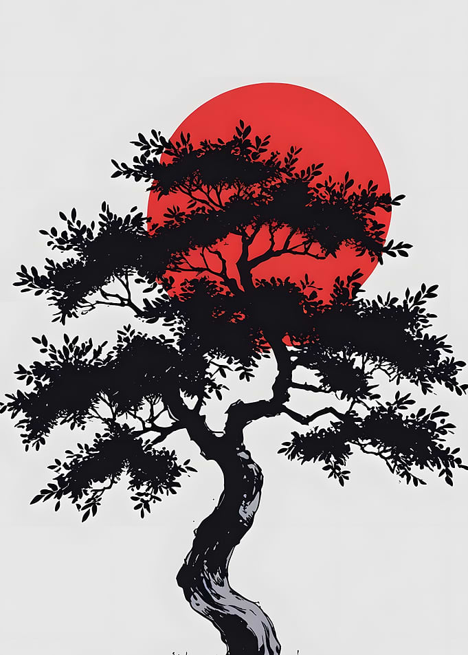 Bonsai Tree and Red Sun