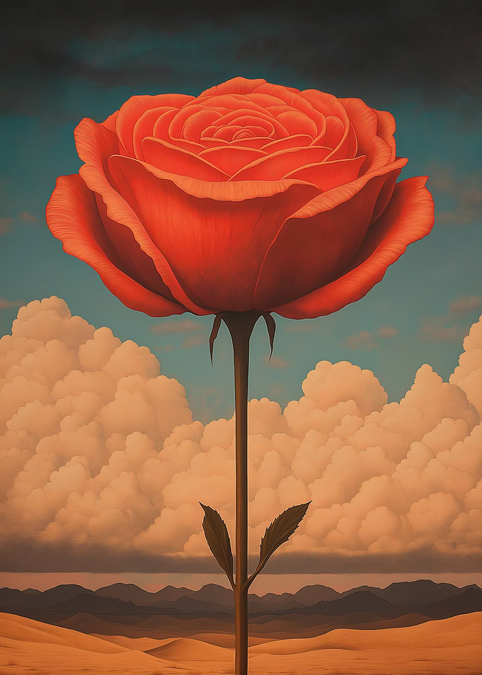 A giant rose blooming in the middle of a desert