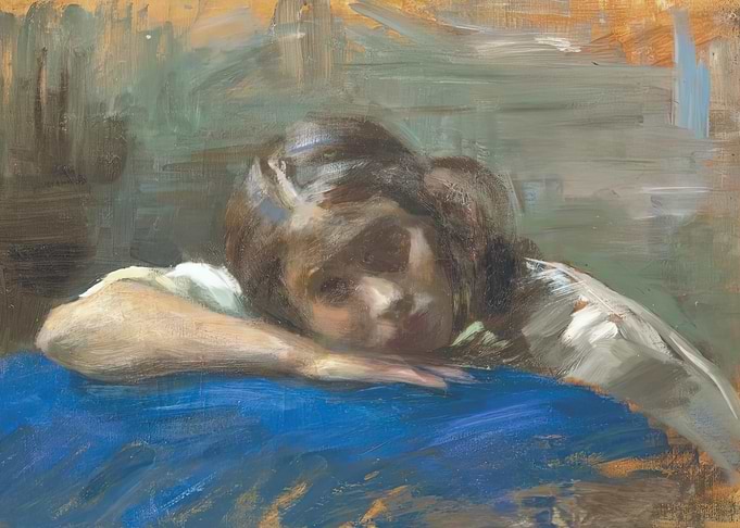 Pensive Portrait Painting of a Young Woman