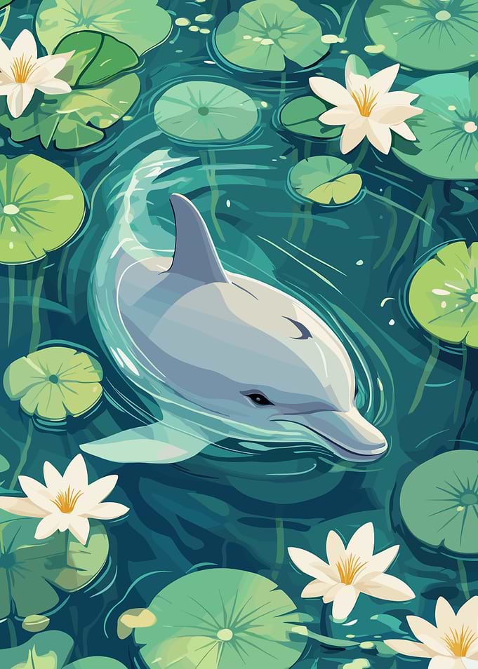 Dolphin in Lily Pond Illustration
