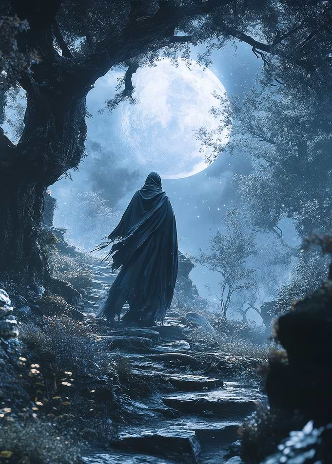 Cloaked Figure Under Moonlight