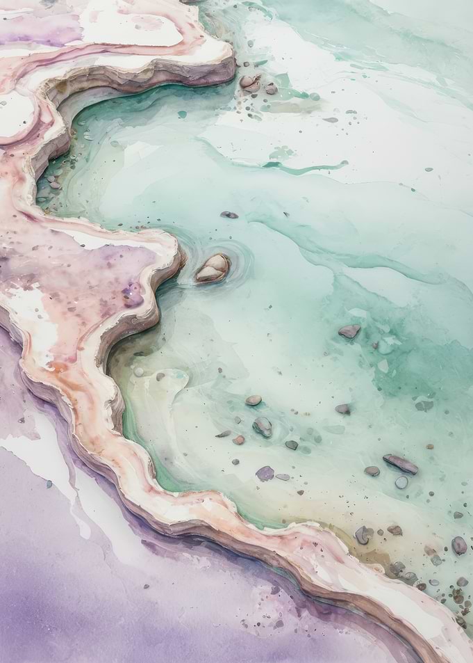 Pastel Coastal Watercolor Aerial - Soft Turquoise Shoreline Painting
