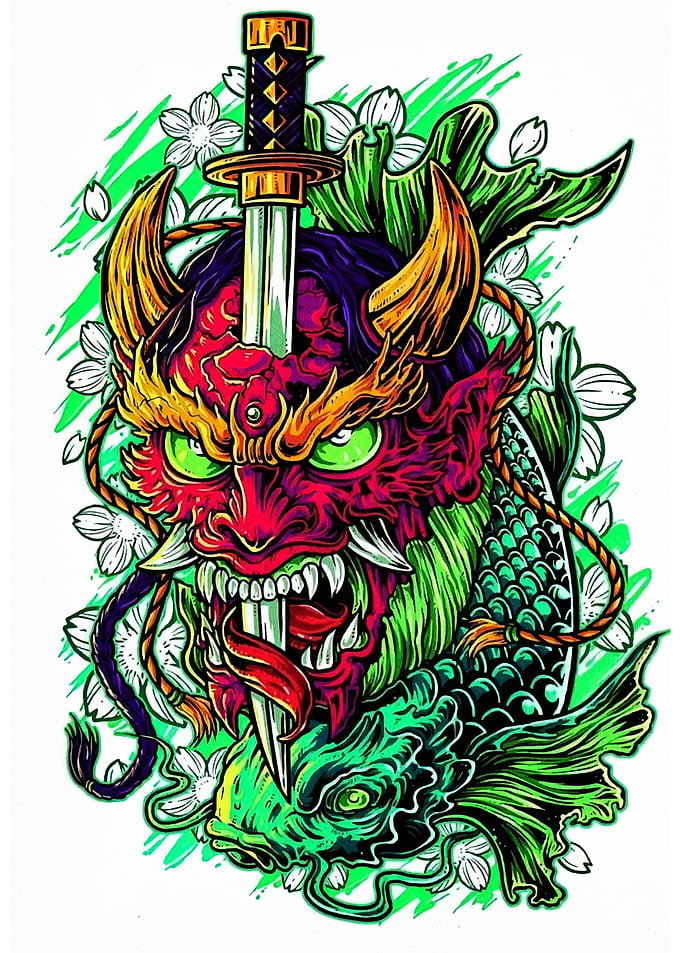 Japanese Oni Mask with Koi Fish