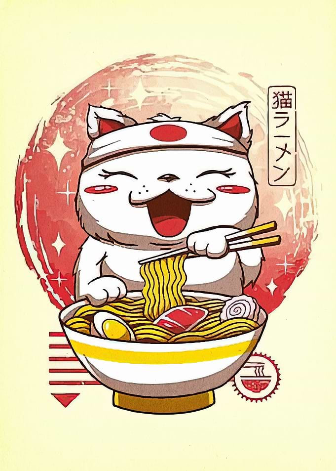 Cat Ramen Cartoon Illustration