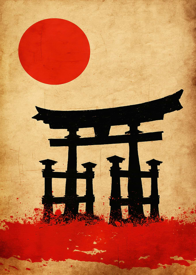 Japanese Torii Gate with Red Sun