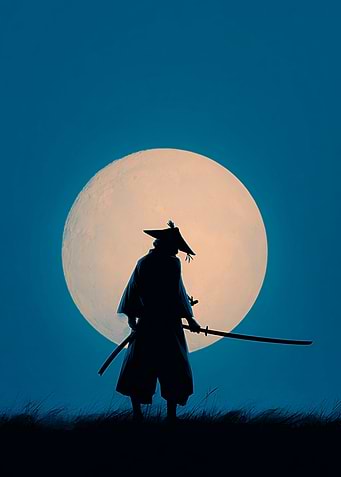 Samurai Silhouette Under Full Moon
