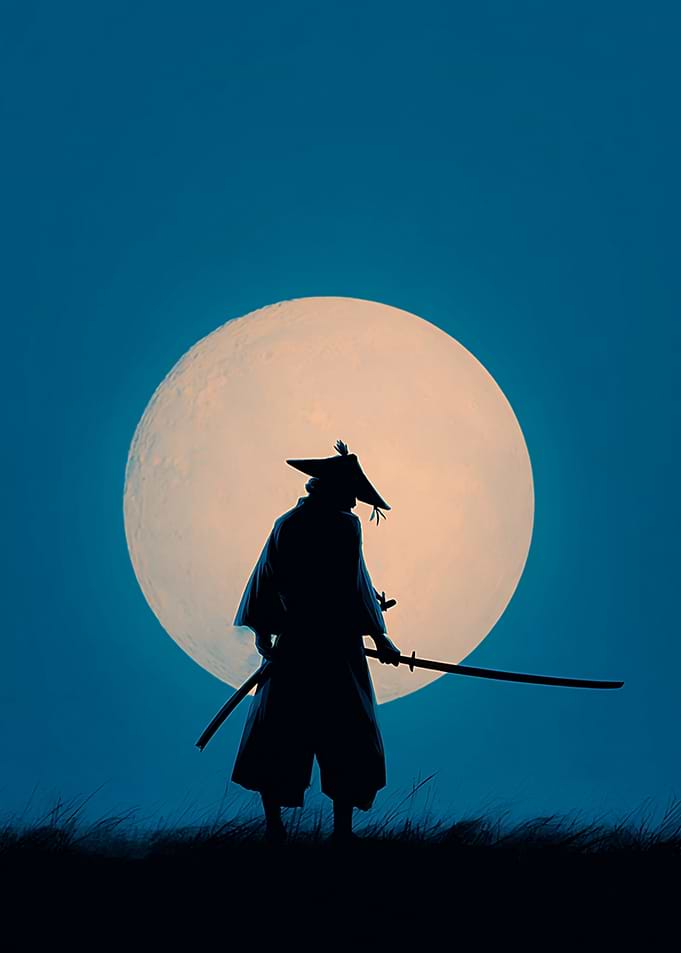Samurai Silhouette Under Full Moon