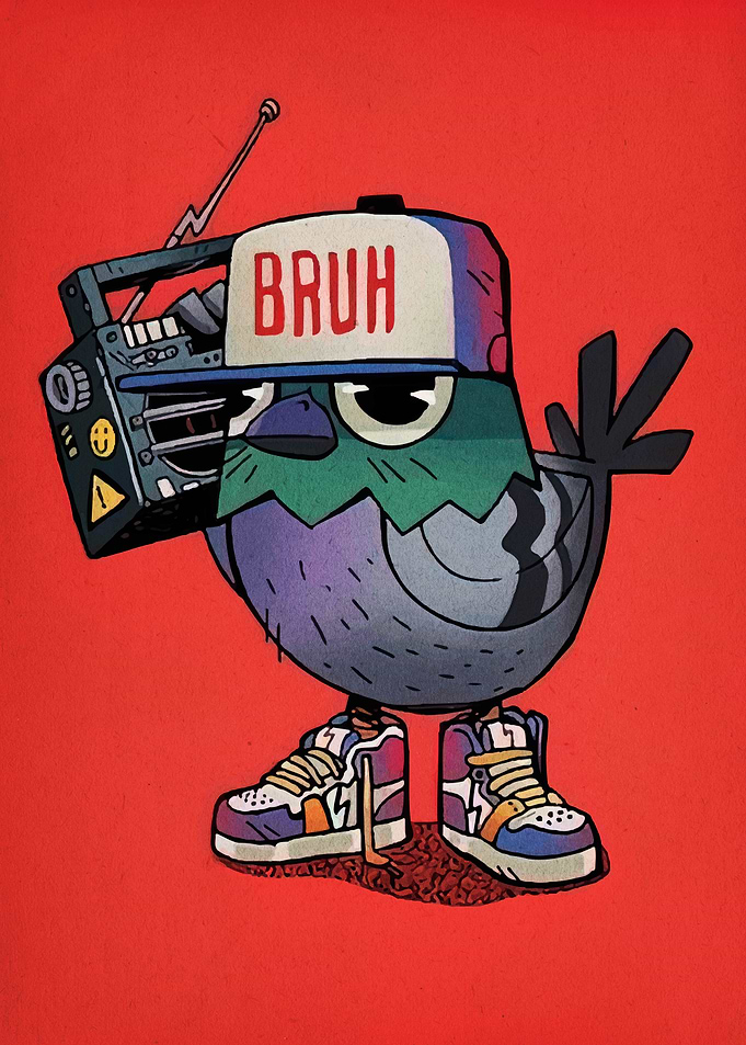 Cartoon Pigeon with Boombox and Sneakers