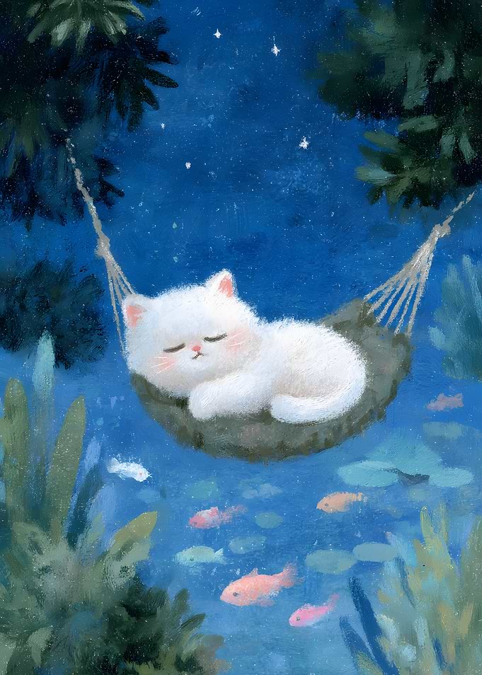 Sleeping Cat in Hammock Under Stars